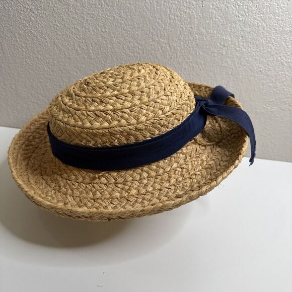 Helen Kaminski Natural Straw Hat with Navy Ribbon Helen Kaminski vintage 2000s 100% raffia Straw Boater Hat  main image 4